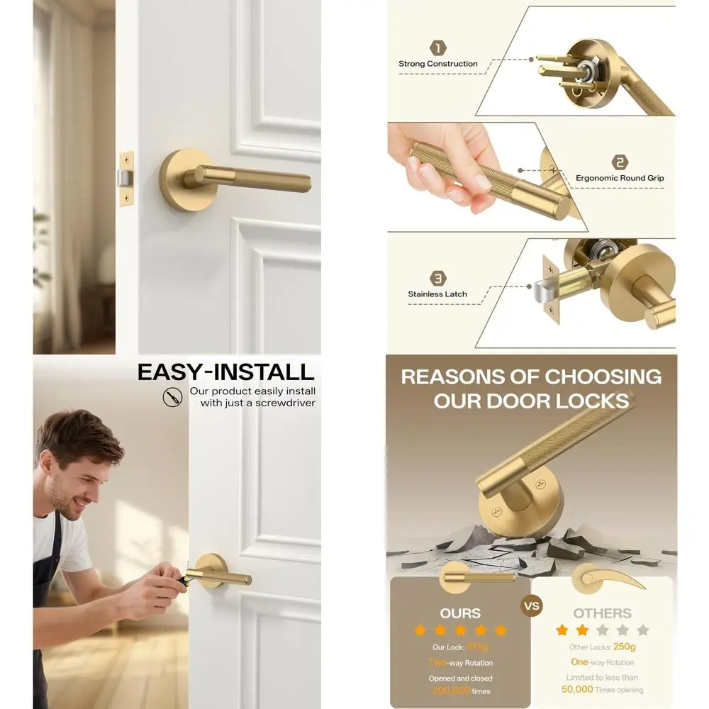 

3-Piece Champagne Bronze Passage Knurled Door Handles, Heavy-Duty Non-Locking Levers for Halls, Closets, Offices, Malls