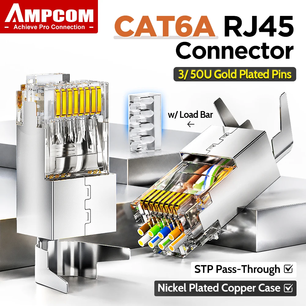AMPCOM Cat6A RJ45 Connector Pass-Thru STP wtih Load Bar 50u/3u Gold Plated Nickel-plated Copper Case, 1.5mm Hole OD, 6-50PCS