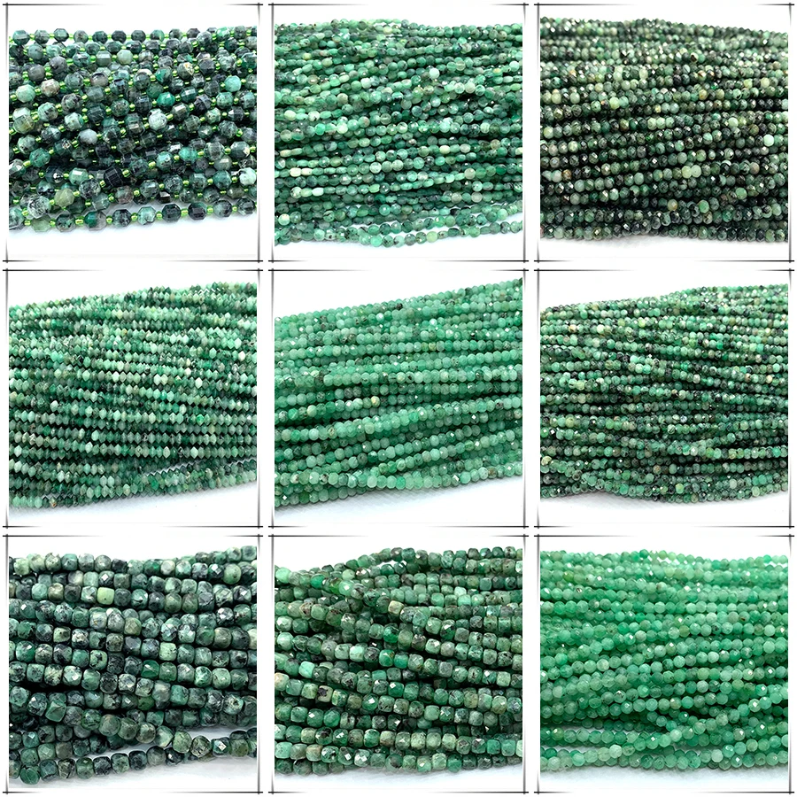 Veemake Natural Emerald Faceted Round Rondelle Edge Cube Coin Disc Beads For Jewelry Making DIY Necklace Bracelets Earrings