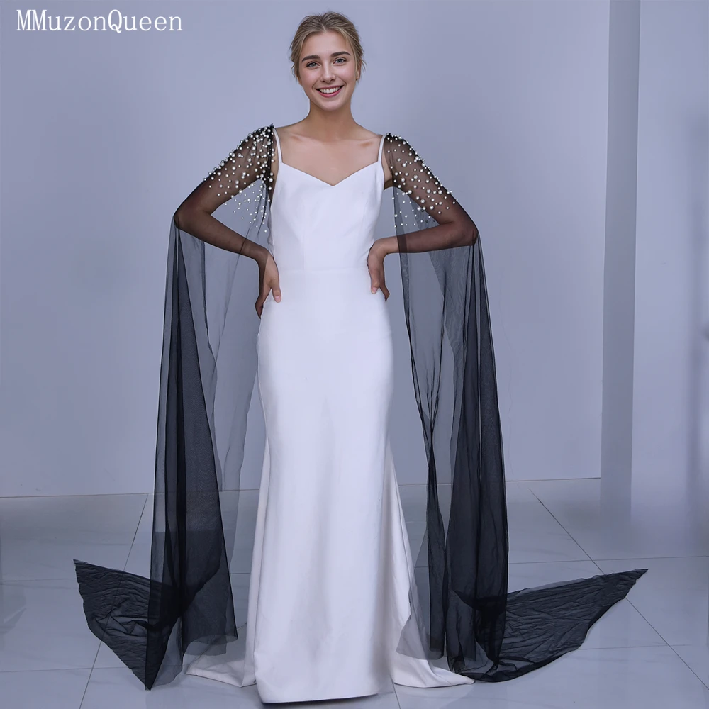 

Стильная черная однослойная сетчатая шаль с жемчугом TOPQUEEN MG42-B, идеально подходящая для свадьбы невесты, с фиксацией на булавках на обеих плечах.