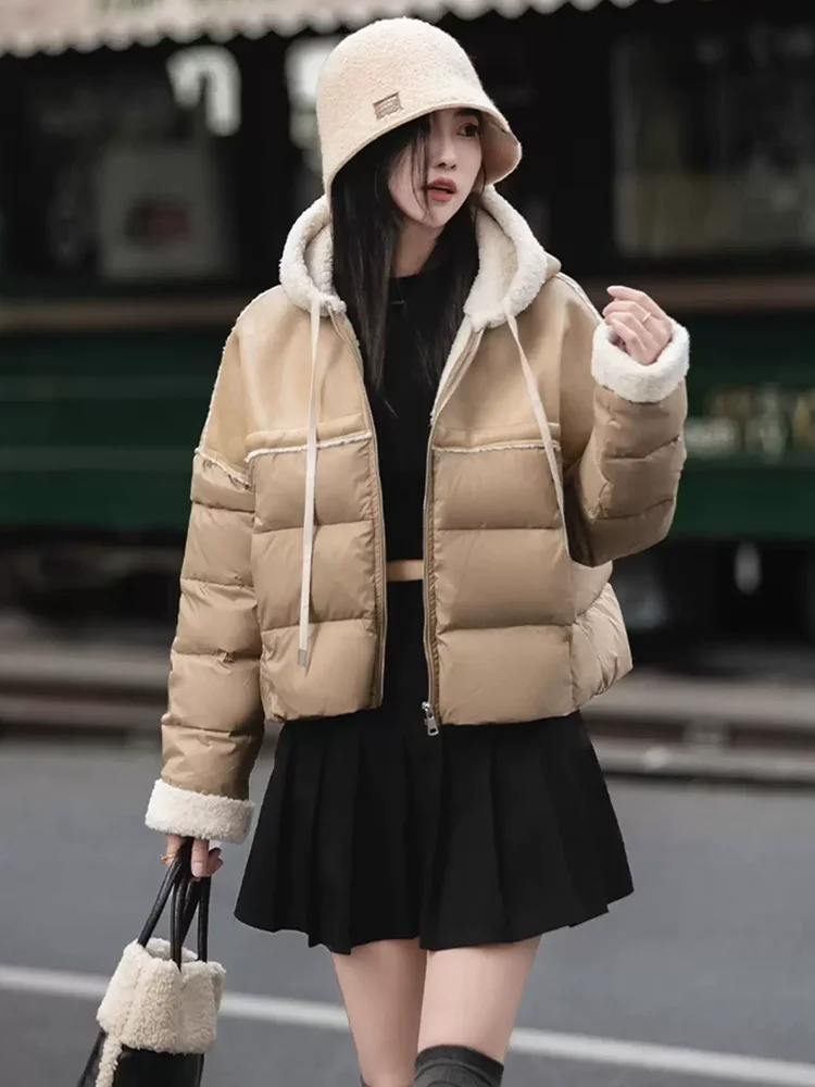 DEAT Fashion PU Leather Patchwork Jacket Women's Hooded Loose Zipper Long Sleeves Lamb Fur Jacket Winter 2024 New tide 7AB6400