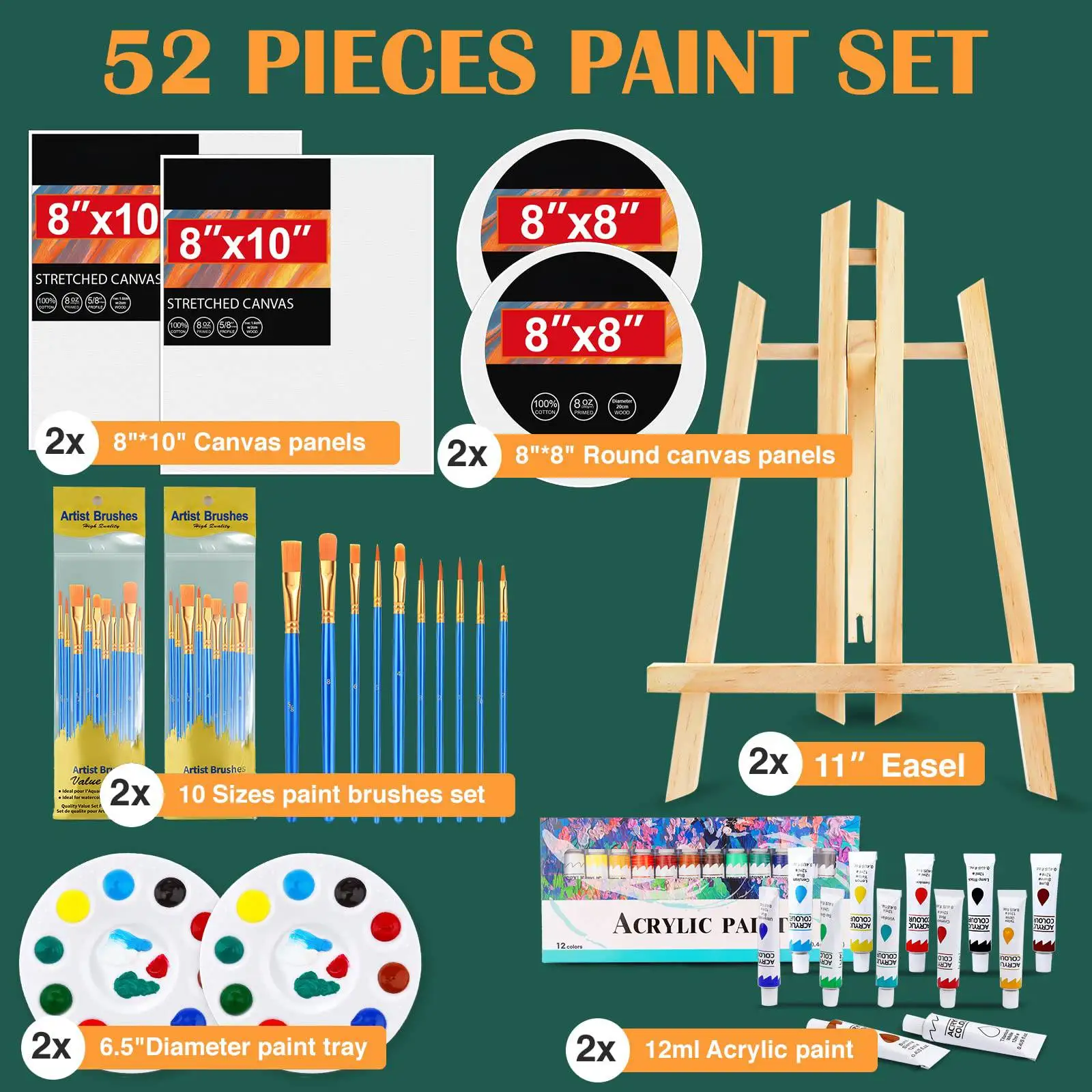 

52PCS Painting Set With Easels, 2 Wood Easels, 4 Canvas Panels, 20 PCS Brushes, 24 Acrylic Paint And 2 Paint Tray