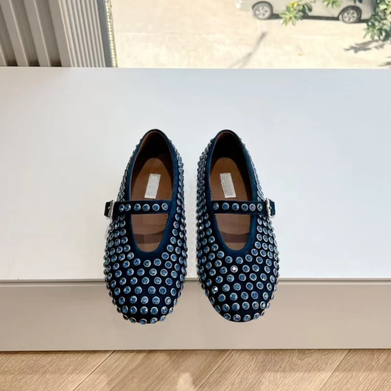 

2025 Spring New Arrival Suede Rhinestone Ballet Flats Flat Front Low-Top Mary Jane Shoes with Buckle Closure for Women
