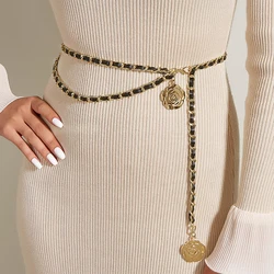 High Quality Metal Waist Chain Belts For Women Round Flower Pendant Chain Strap Rope Female Fine Waistband Dress Shirt Decoratio