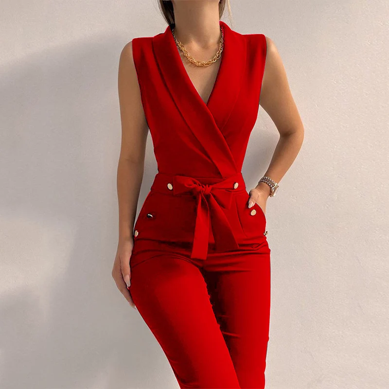 

Women Casual V Neck Jumpsuits Fashion Sleeveless Button Lace Up Solid Slim Streetwear Overalls Bodyauit Clothing