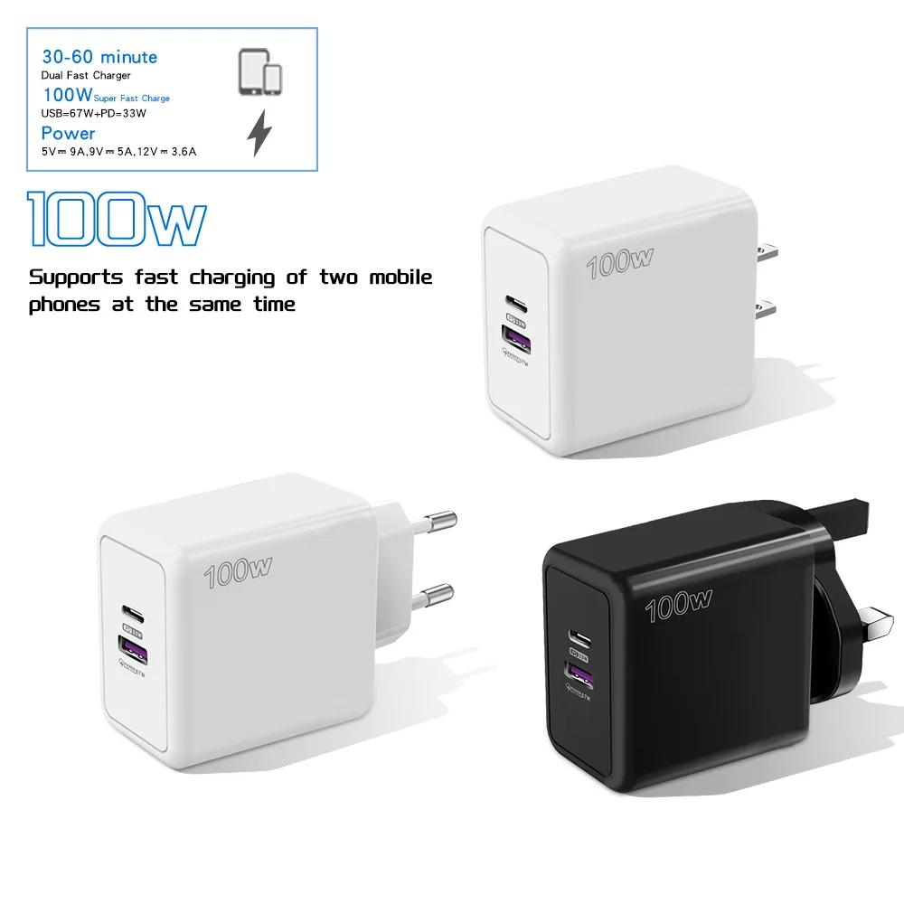 100W PD USB C Charger 2 Ports Quick Charging Power Adaptor US/EU/UK Plug Mobile Phone Charger for iPhone Huawei Samsung Xiaomi