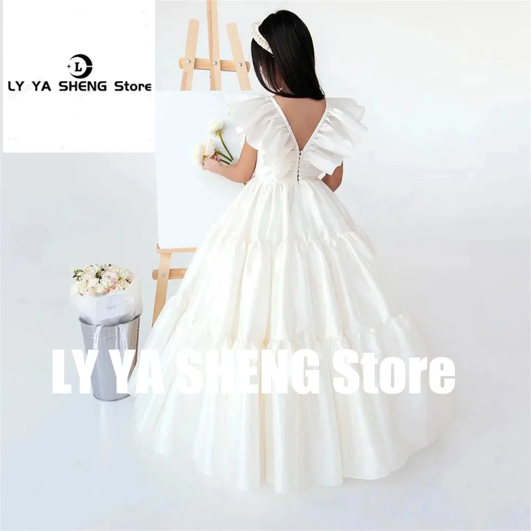 Communion Elegant V-neck Flower Girl Dress For Wedding 2025 V-back Sleeveless Baby Kids Princess Birthday Party Ball Evening Gow
