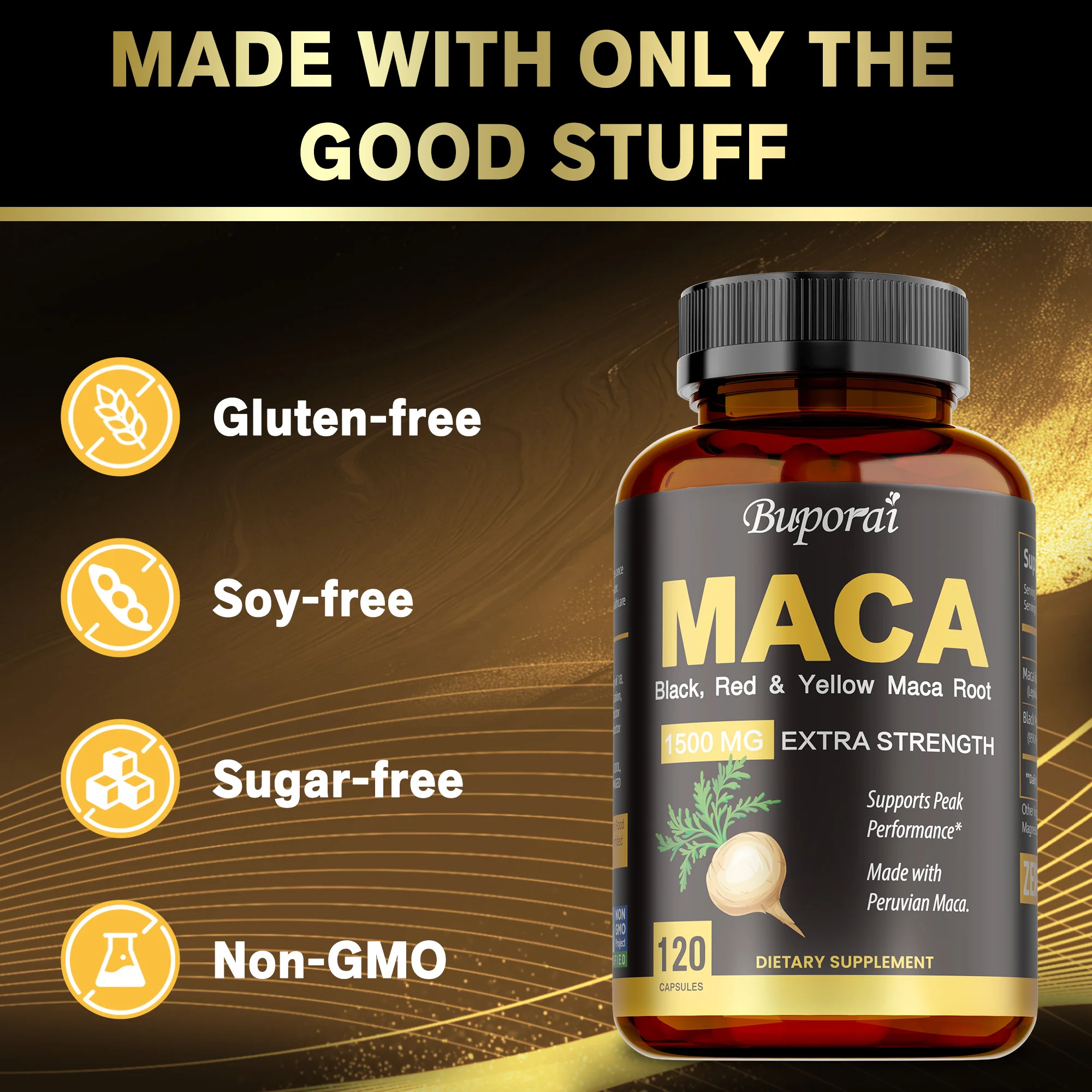 Organic Maca Root Powder Capsules with Black + Red + Yellow Peruvian Maca Root Extract Supplement for Men Women