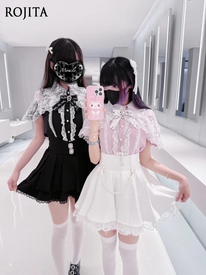 

Japanese Gothic Y2k Lolita Style Shirt Women Vintage Bow Lace Ruffles Blouse Sweet Girls Harajuku Short Sleeve Tops Blusas Mujer