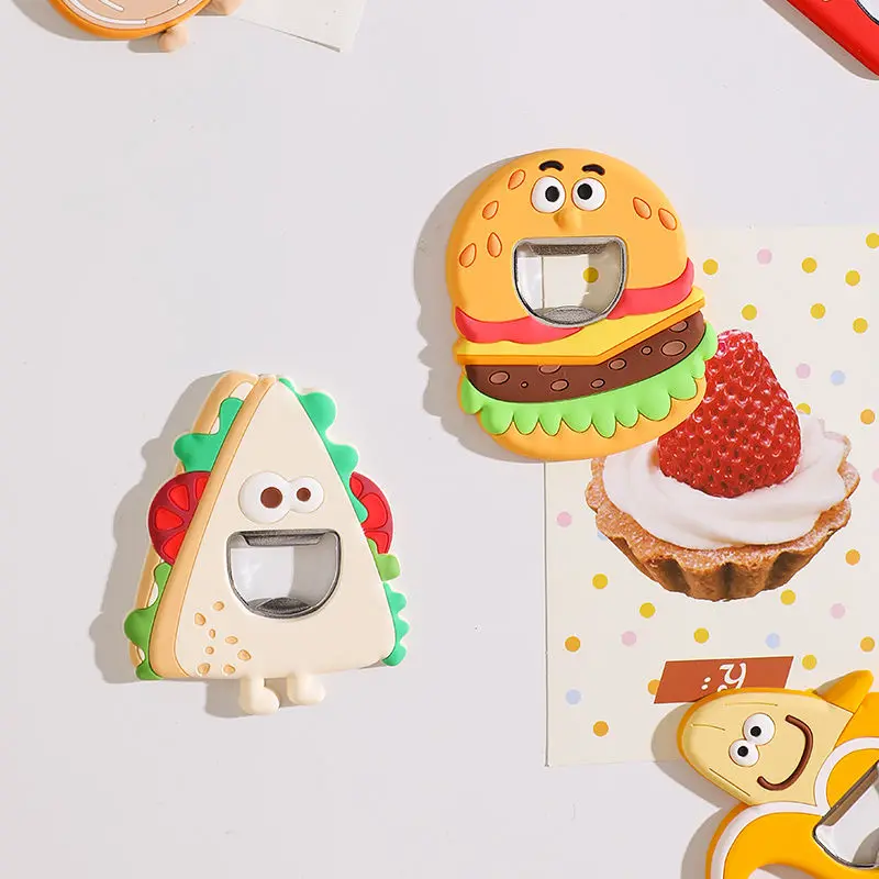 Creative Fun French Fries Burger Multifunctional Bottle Opener Cartoon Cute Refrigerator Magnetic Suction Patch Decoration Gift