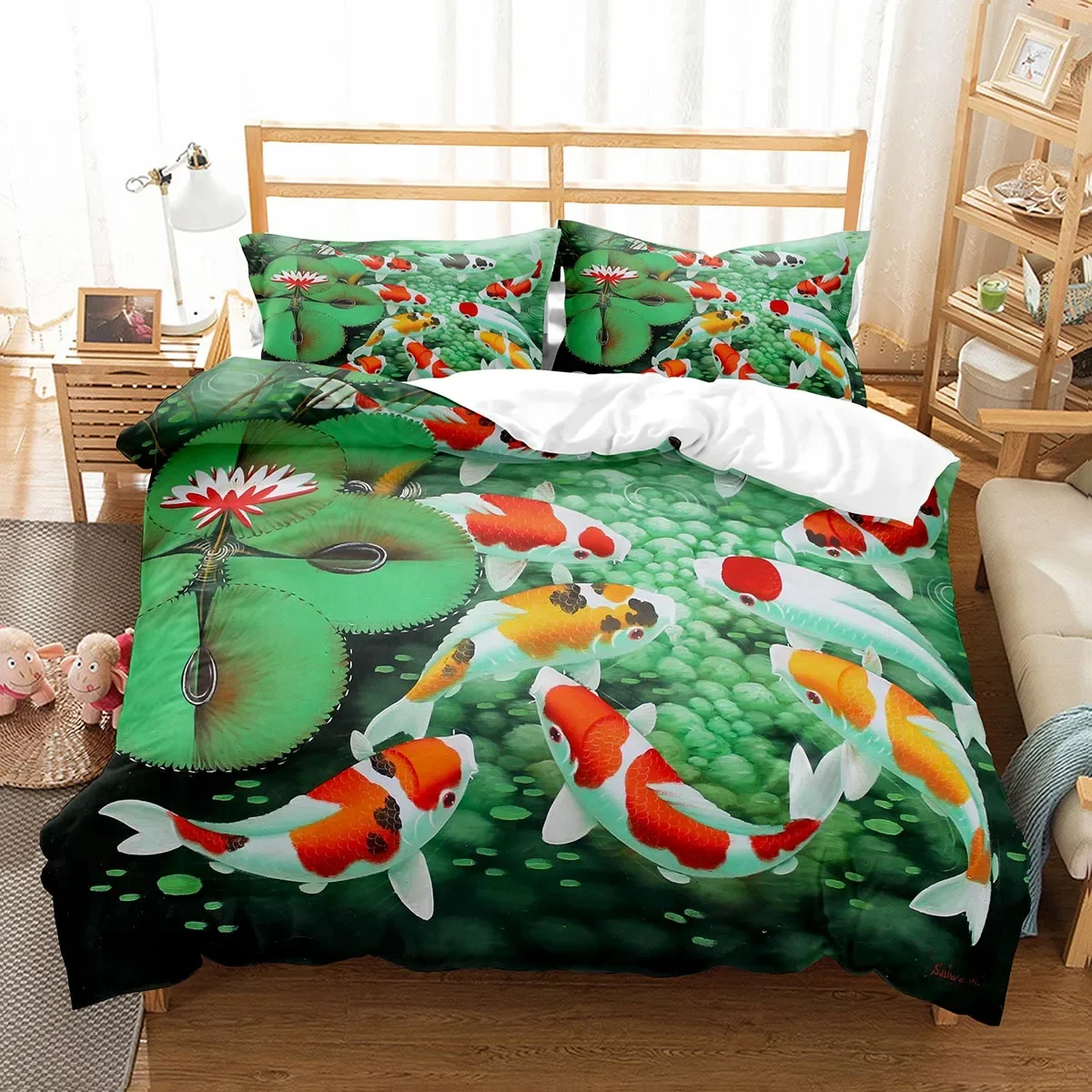 Fish Duvet Cover Set Koi Carp Pattern Polyester Comforter Cover King Queen Full Size For Kids Teens Bedding Set With Pillowcase