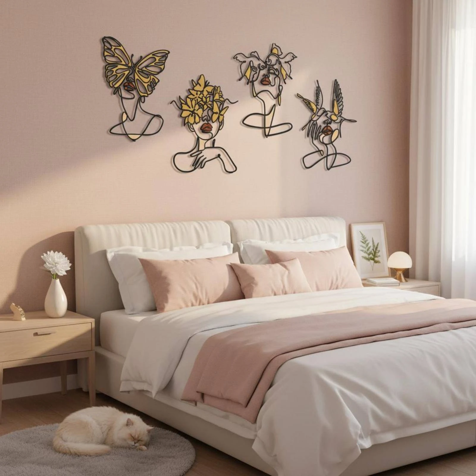 

4 Pieces Line Art Portraits Contemporary Floral Face Line Art Metal Wall Decor Multi Panel Minimalist Wall Decor Boho Aesthetic