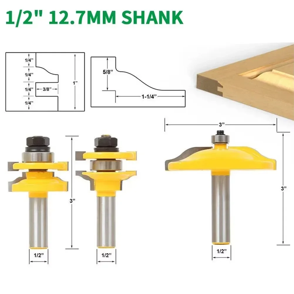

3PCS/Set 1/2" 12.7MM Shank Milling Cutter Wood Carving Raised Panel Cabinet Door Router Bit Set Bevel Woodworking Tenon Cutter