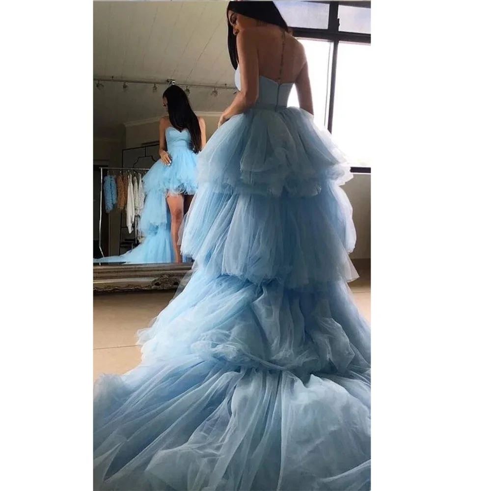 Customized High Low Prom Dress Sweetheart Ruffles Light Blue Tulle Short Front Long Back Party Dresses Graduation Evening Gowns