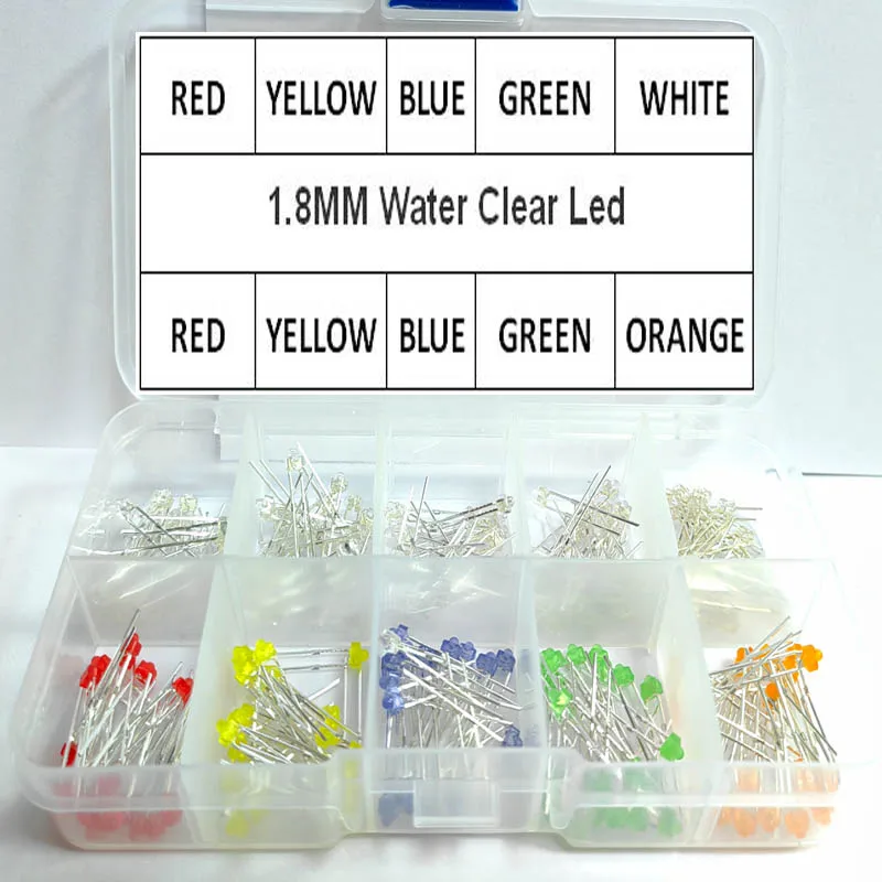 200 sztuk/partia 1.8MM zestaw asortymentowy LED podstawowy woda przezroczysty czerwony niebieski zielony żółty pomarańczowy biały zestaw diod DIY sześć kolorów
