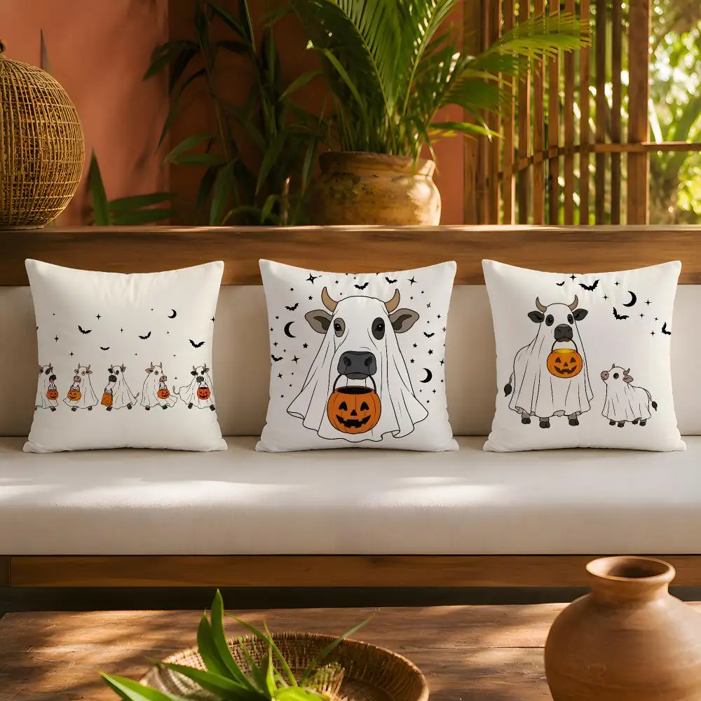 Ghost Cow Halloween Cushion Cover 1pc Square Plush Pillow Cover Soft Fuzzy Removable Washable Sofa Bed Bedroom Decor