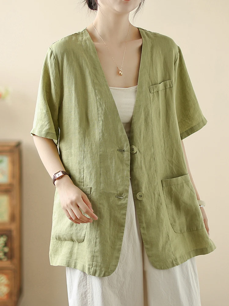 

Elegant Loose Casual Linen Cotton Blend Short Sleeve Suit Jacket Women Summer Thin V-Neck Outerwear Top Comfortable Fit