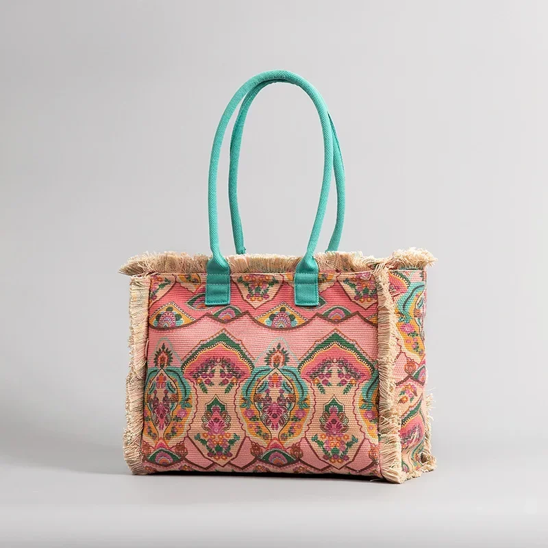 Bohemian Style Large Capacity Canvas Summer Beach Tote Travel Purse High Quality Women Custom Paisley Pattern Handbag