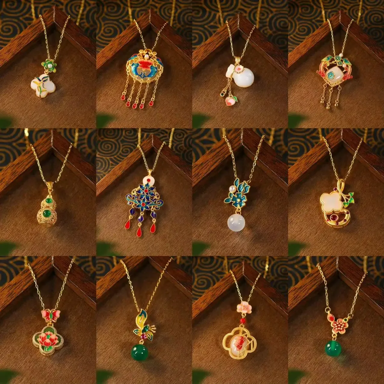 Ethnic Chinese Gold Plated Enamel Earrings Necklace for Women Retro Flower Shaped Luxury Jewelry Anniversary Birthday Gift Set