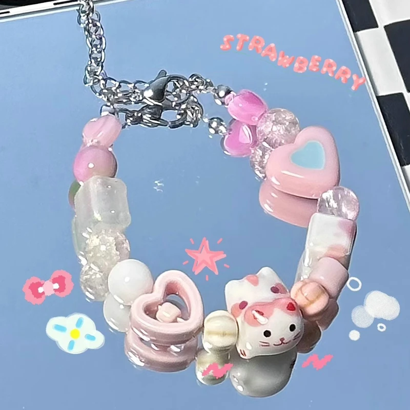 Fashion Handmade Charm Bracelet Kawaii Anime Cat Y2k Bead Chain Jewelry Bracelet Cute Hand Chains Accessories Love Beads Gifts