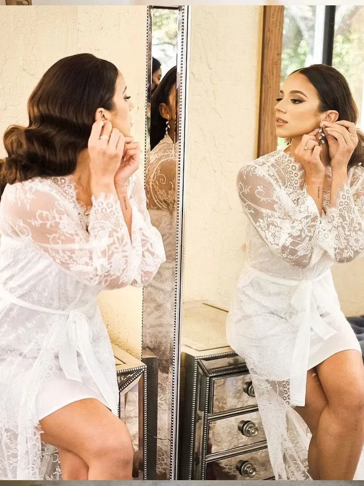 

Lace Wedding Robe with Train and Slip 2PC Luxurious Bride Boudoir Robe Bridesmaid Robes Dressing Gown for Bride Maternity Kimono