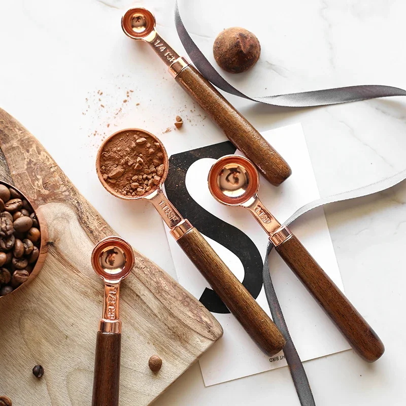 Stainless Steel Rose Gold Plated Measuring Cups Jugs Coffee Scoop Spoon With Wooden Handle Cake Kitchen Baking Tool