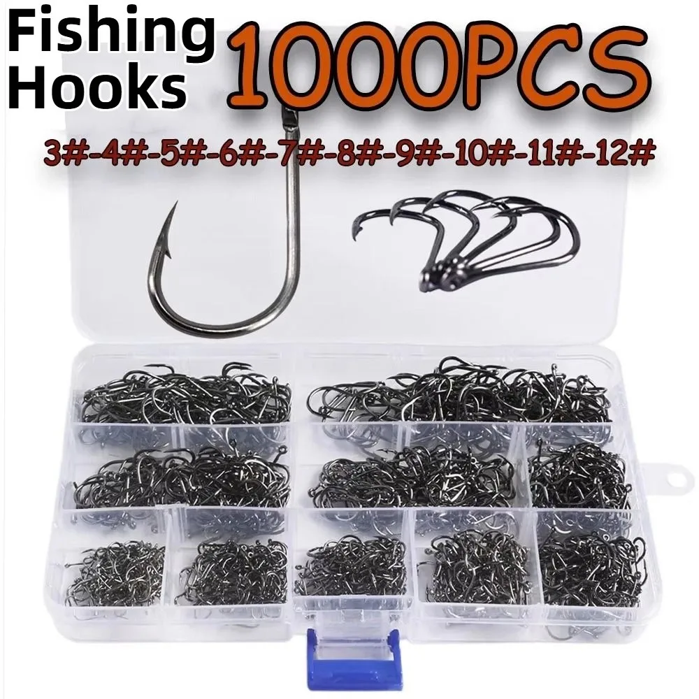 

1000Pcs Carbon Steel Fishing Hooks Set Size 3-12 Durable Fishing Fixed Hooks with Holes Rustproof Barbed Fishing Hooks