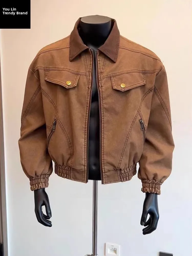 

Barn Sle Men's Brown Mermaid Jaet ort Wide Workwear PU Leather Cleanfit Silhouette Stand Fit Long Sve Zipper Closure