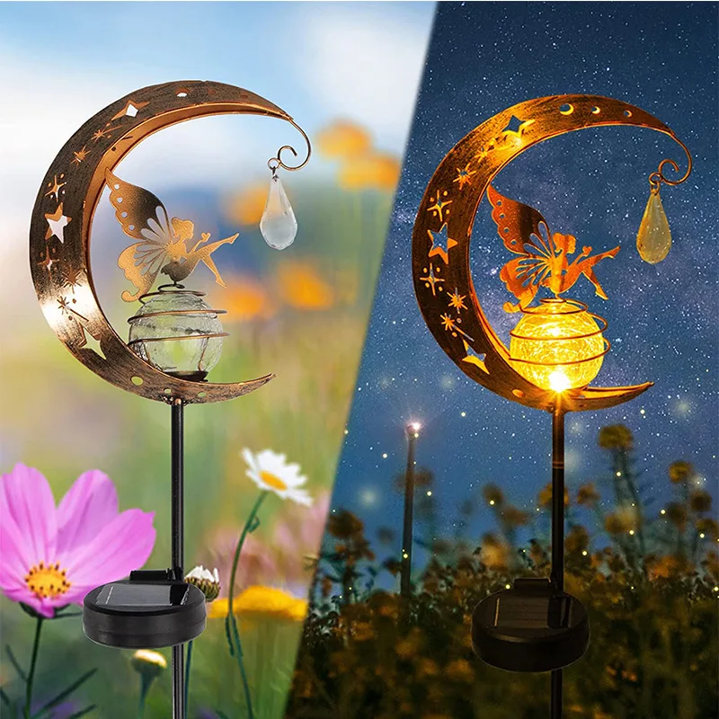 Fairy Solar Light Outdoor Led Light Garden Metal Moon Angel Statues Figurine Lawn Landscape For Yard Path Iron Art Decoration