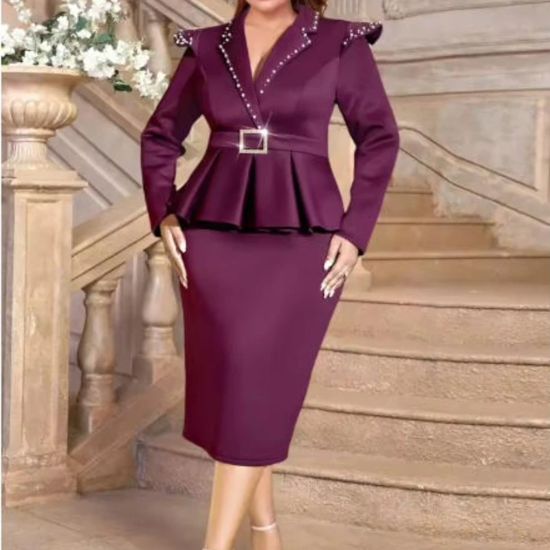 

2025 Modest Fall And Winter Women Elegant Formal Event Dress Beading Turn Down Collar Long Sleeve High Waist Pencil Dresses