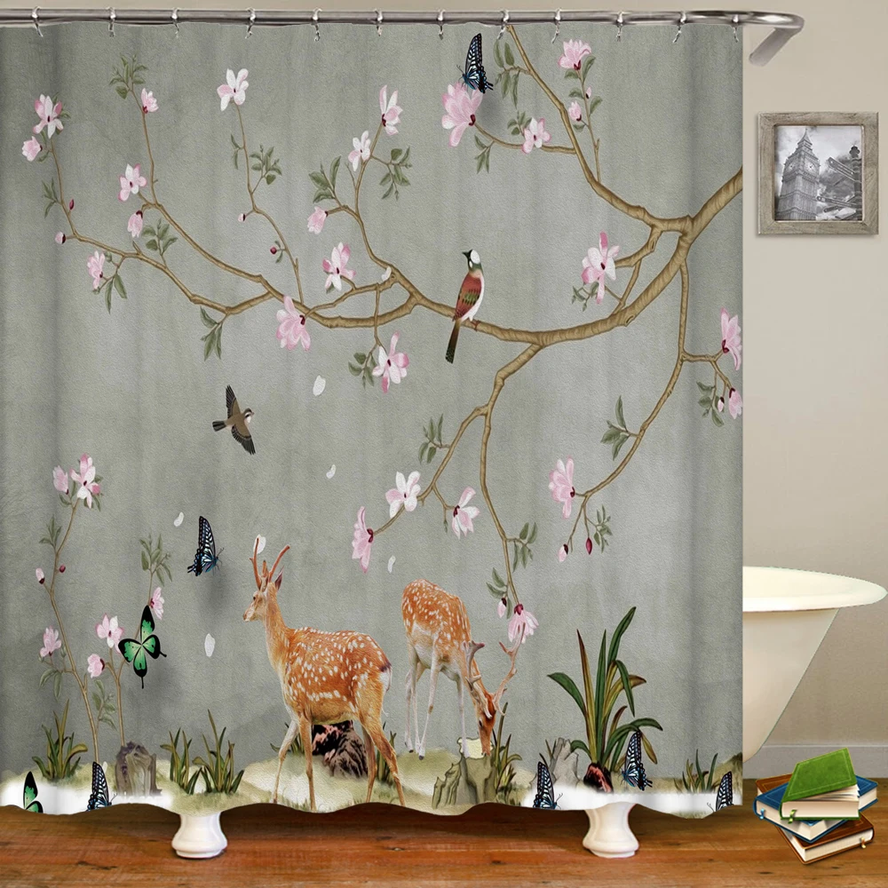 3D European beautiful flower printing bathroom curtain waterproof polyester shower curtain home decoration curtain with hooks