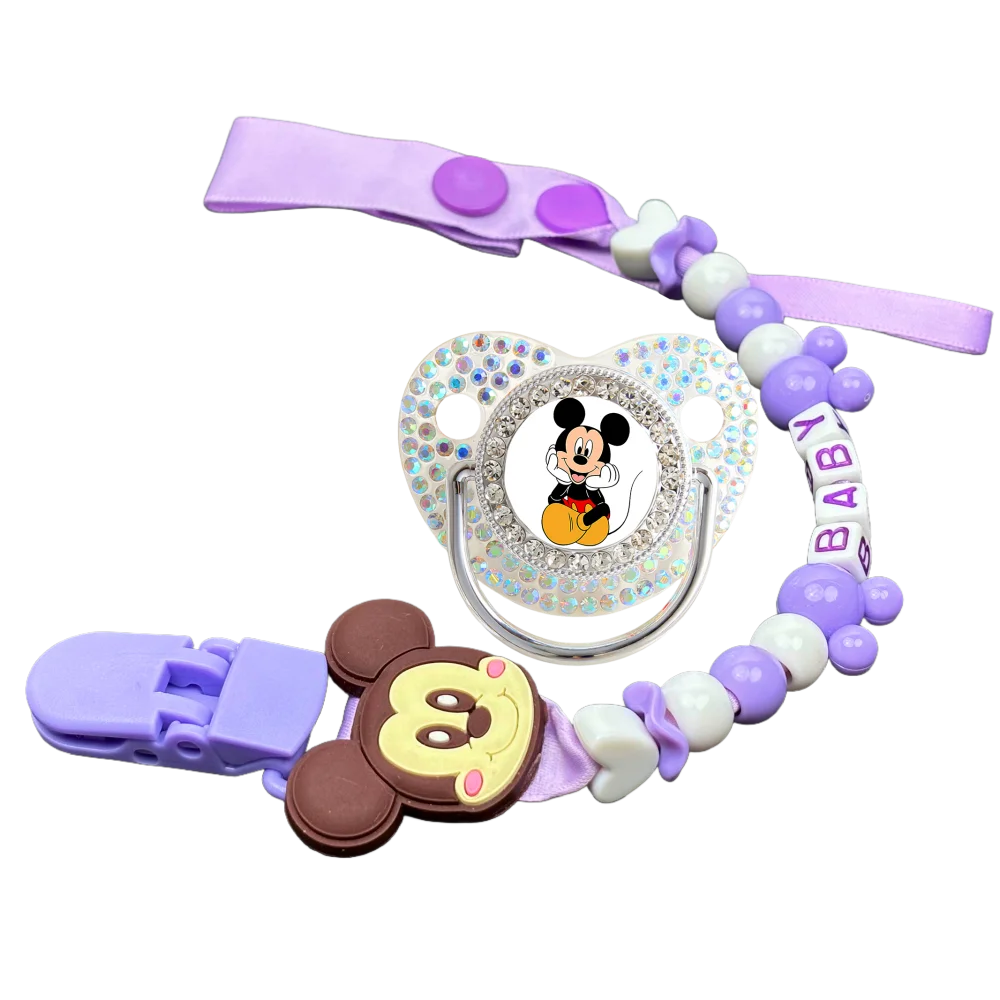 

Baby Pacifier with Clip - Rhinestone Nipple Shield, Purple Beaded Chain, Newborn Gift & Shower Favor