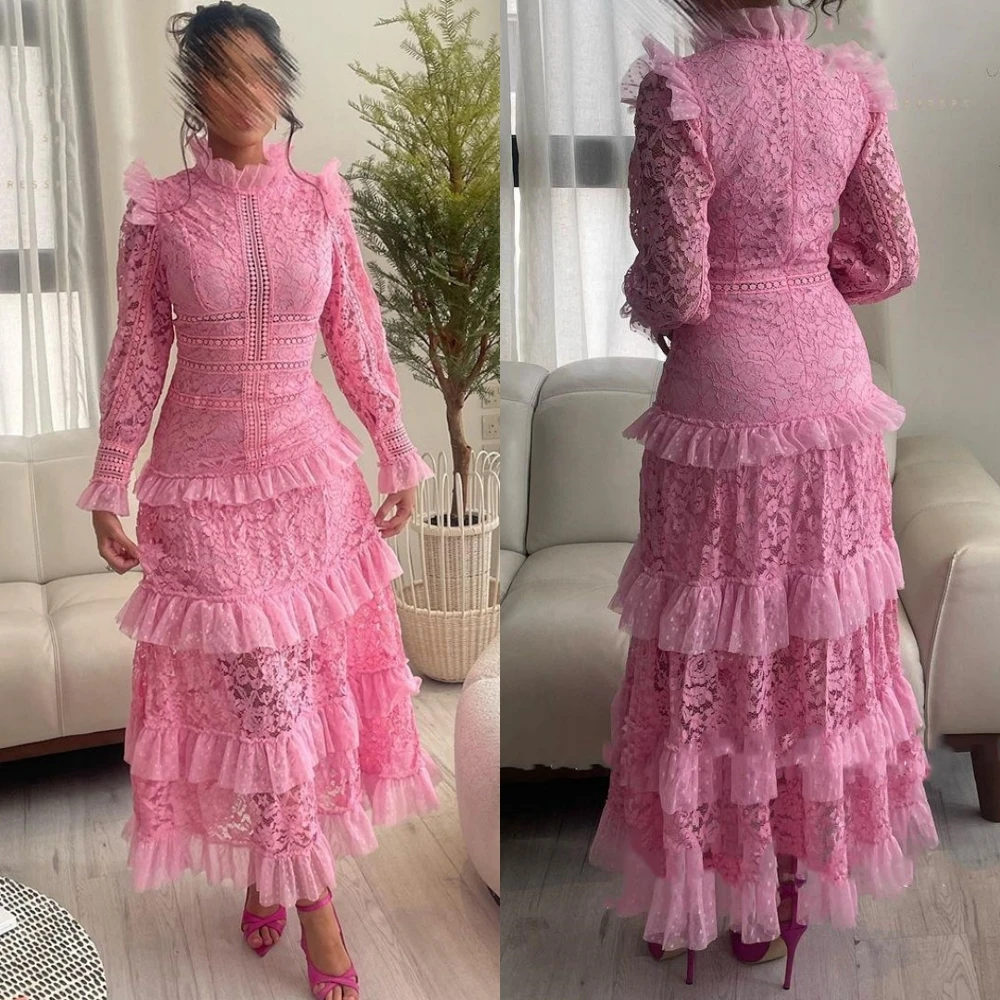 Jiayigong Prom Lace Tiered Ruffles Graduation A-line High Collar Custom Occasion Gown Sukienki midi