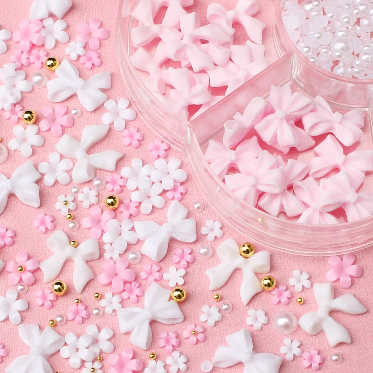 1 صندوق ثلاثية الأبعاد زهرة القوس مسمار الفن زينة عدة الوردي/الأبيض الاكريليك الأزهار/Peal الخرز مسمار سحر مع قلم شمع/الملقط 4/6 مللي متر مسمار 2030