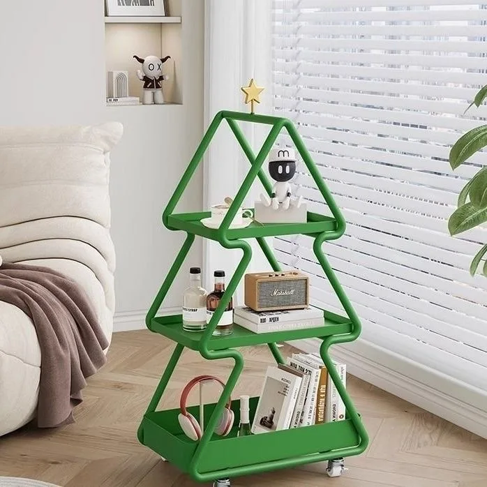 Christmas tree, living room, a few simple mobile trolleys, creative sofa cabinet with storage, coffee table, bedside rack