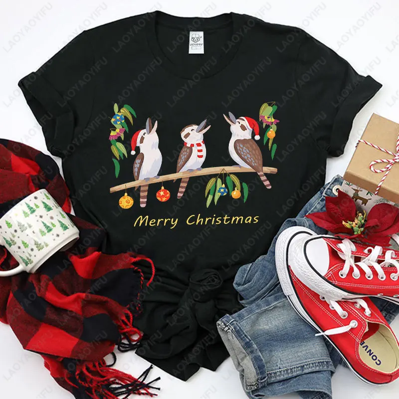 Women's Australian Kookaburra Bird Print T-Shirt Merry Christmas Australian Theme Tops Casual Blouse for Christmas Party Outfits