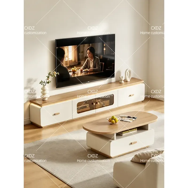 Log cream wind floor TV cabinet living room household small apartment storage locker integrated coffee table combination