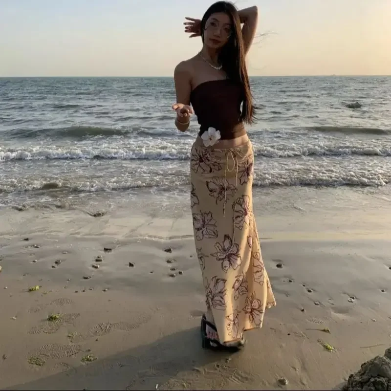 

New Fashion Floral Printed Casual Skirt Women Summer Lace-Up A-Line Bohemian Holiday Beach Long Skirts Party Jupe Clothing