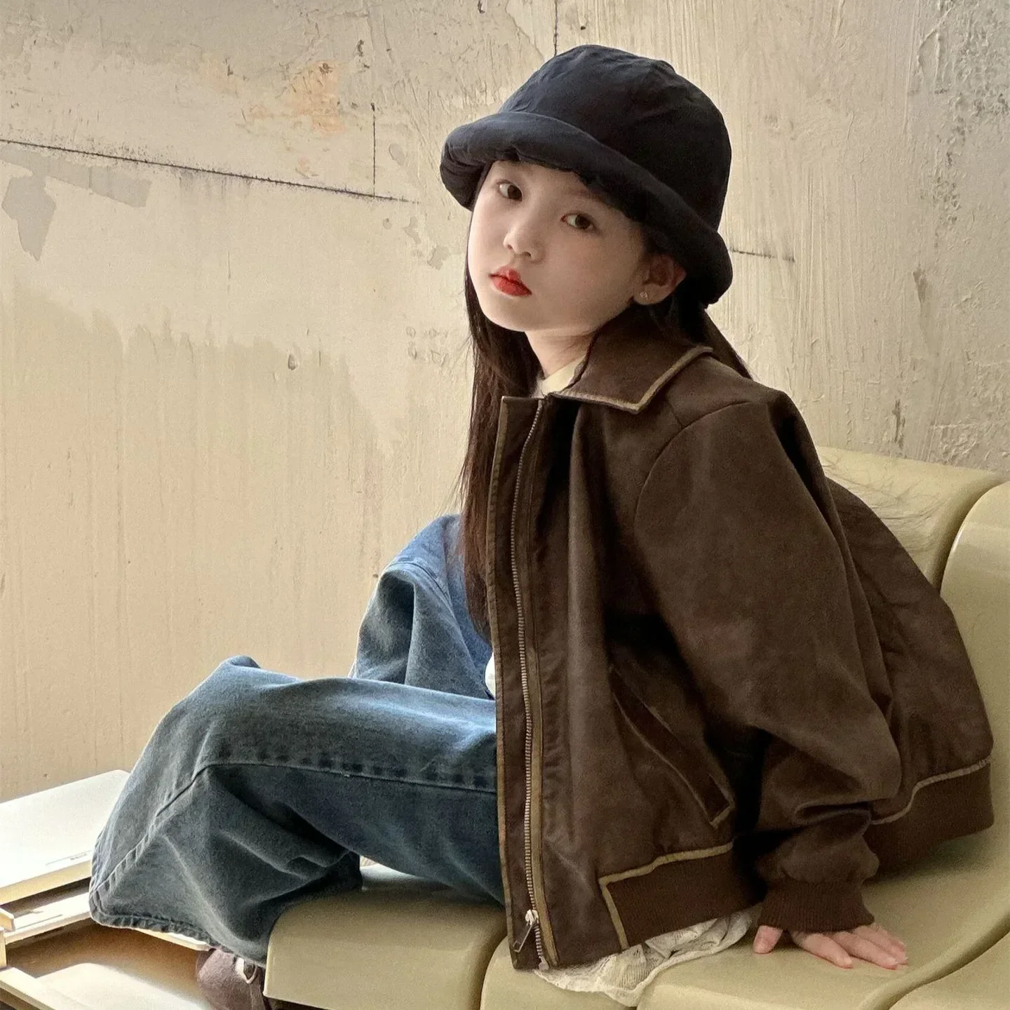 Girls Coat 2024 Autumn New Childrens Wear Korean Style Baby Girl Foreign Style Loose Sweet Retro Leather Jacket Casual Simple