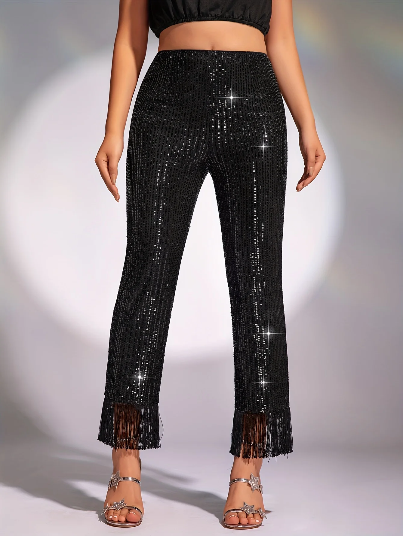 Black Chic All-season Sparkling Sequin Fringe Slim Bling Pants with Elastic Waist - Spring & Summer Elegance 70S Disco