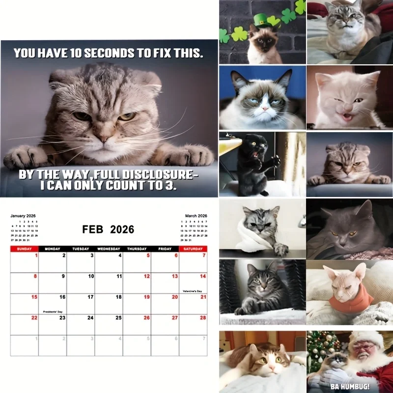 

Забавный календарь с изображением кота на 2026 год, ежегодный/месячный настенный календарь, подарок на тему кошки, подходит для рабочего стола, спальни, гостиной и т. д.