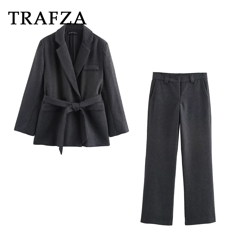 TRAFZA Chic Solid Vintage Black Blended Women Suit Slim Belt Turn-down Collar Women Blazer Straight Zipper Pants Office Lady Set