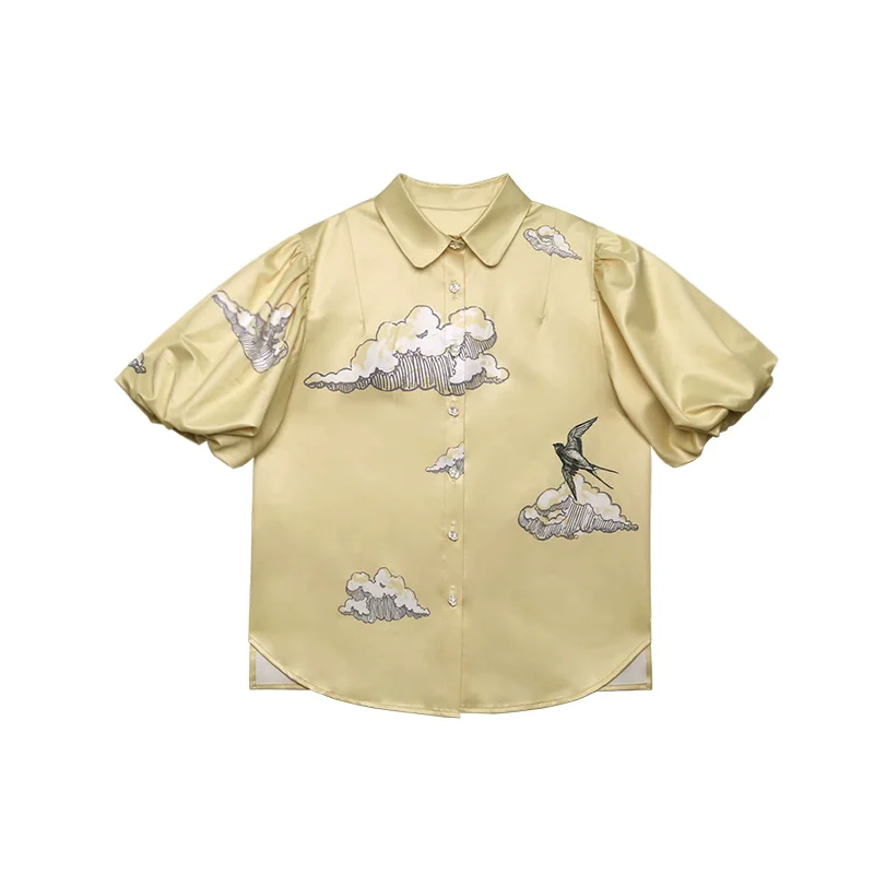 Spring Summer Original Design Women Vintage Swallow Flying Clouds Print Puff Sleeves Shirts/Blouses