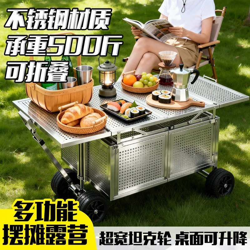 Stainless Steel Folding Camping Wagon, Hand Cart for Picnic Stall Grocery Delivery