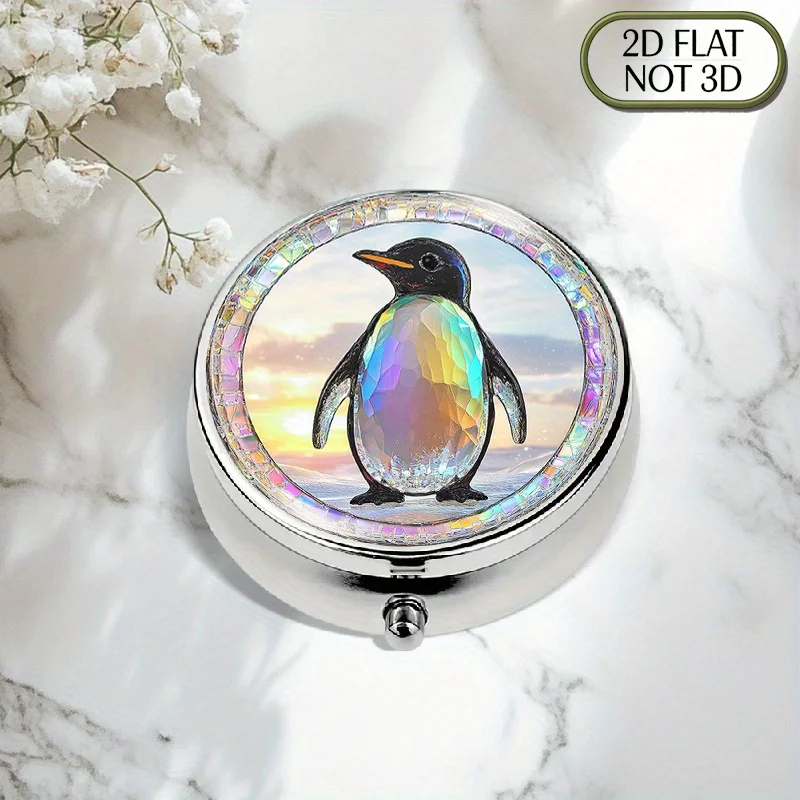 1 piece flat portable round 3-compartment metal pill box with crystal-clear penguin design, ideal for organized individuals, featuring compartments for convenient storage of medication and supplements, perfect for travel or as a thoughtful gift for loved ones