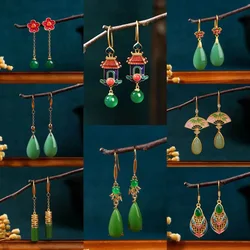 Ethnic Chinese Green Jade Earrings for Women Painted Enamel Hollow Design Luxury Jewelry Water Drop Shaped Pendant Retro Gifts