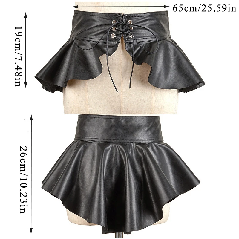 Woman Wide Black Corset Belt High Waist Ruffle Skirt Waist Belt Layered Swallow Tail Waist Seal Lace-up PU Leather Cummerbunds