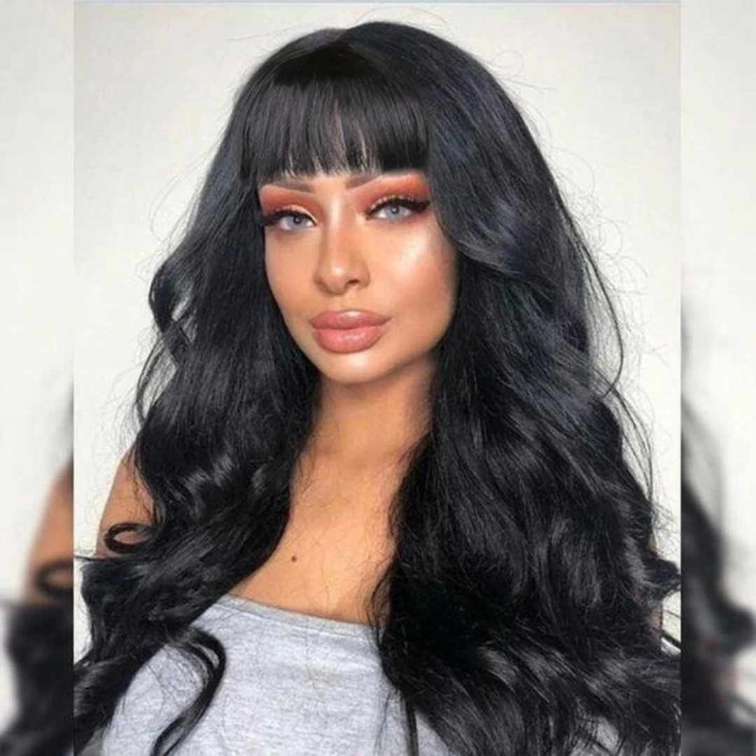 14-22 Inch Body Wave Wigs with Bang Indian Hair For Women Full Machine Made Wig Natural Color Glueless Body Wave Human Hair Wigs