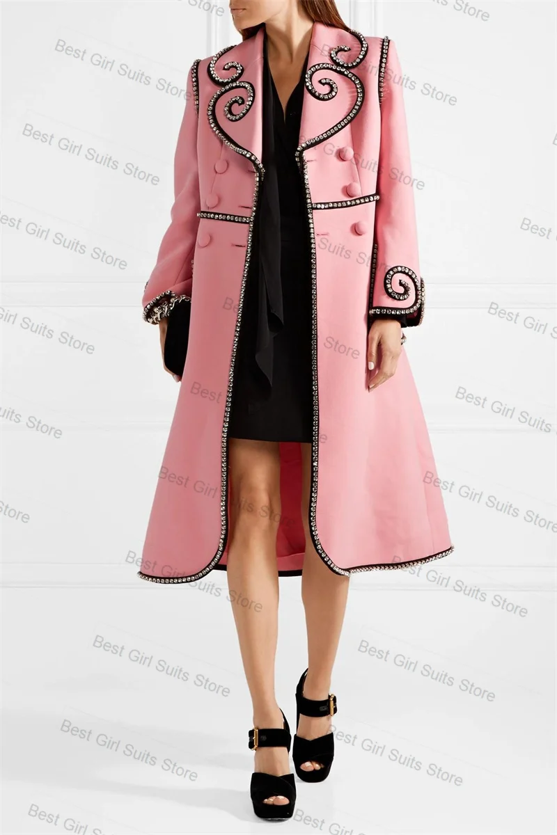 

Pink Cashmere Women Suit 1 Pcs Long Blazer Wool Prom Dress Crystals Formal Office Lady Jacket Customized Guest Wedding Coat