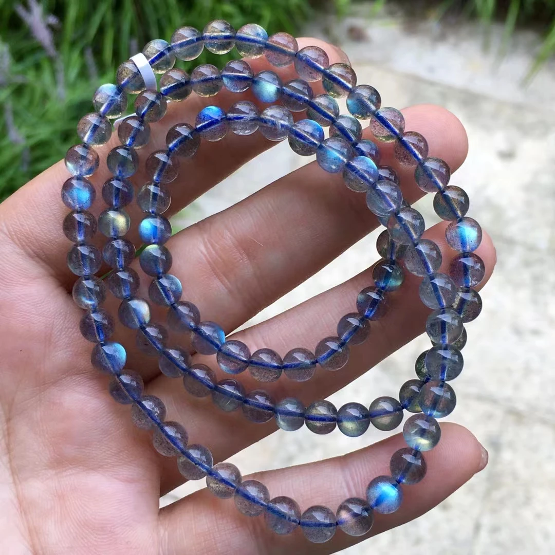 Natural Blue Light Labradorite 3 Laps Beads Bracelet Women Men 6mm Clear Round Beads Necklace Grey Moonstone Stone AAAAA